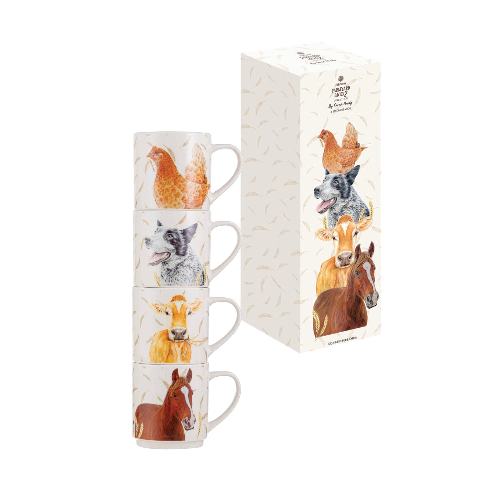 Ashdene Farmyard Faces 2 Stackable 4pk Mu. Stack of four mugs with animal illustrations on a white background