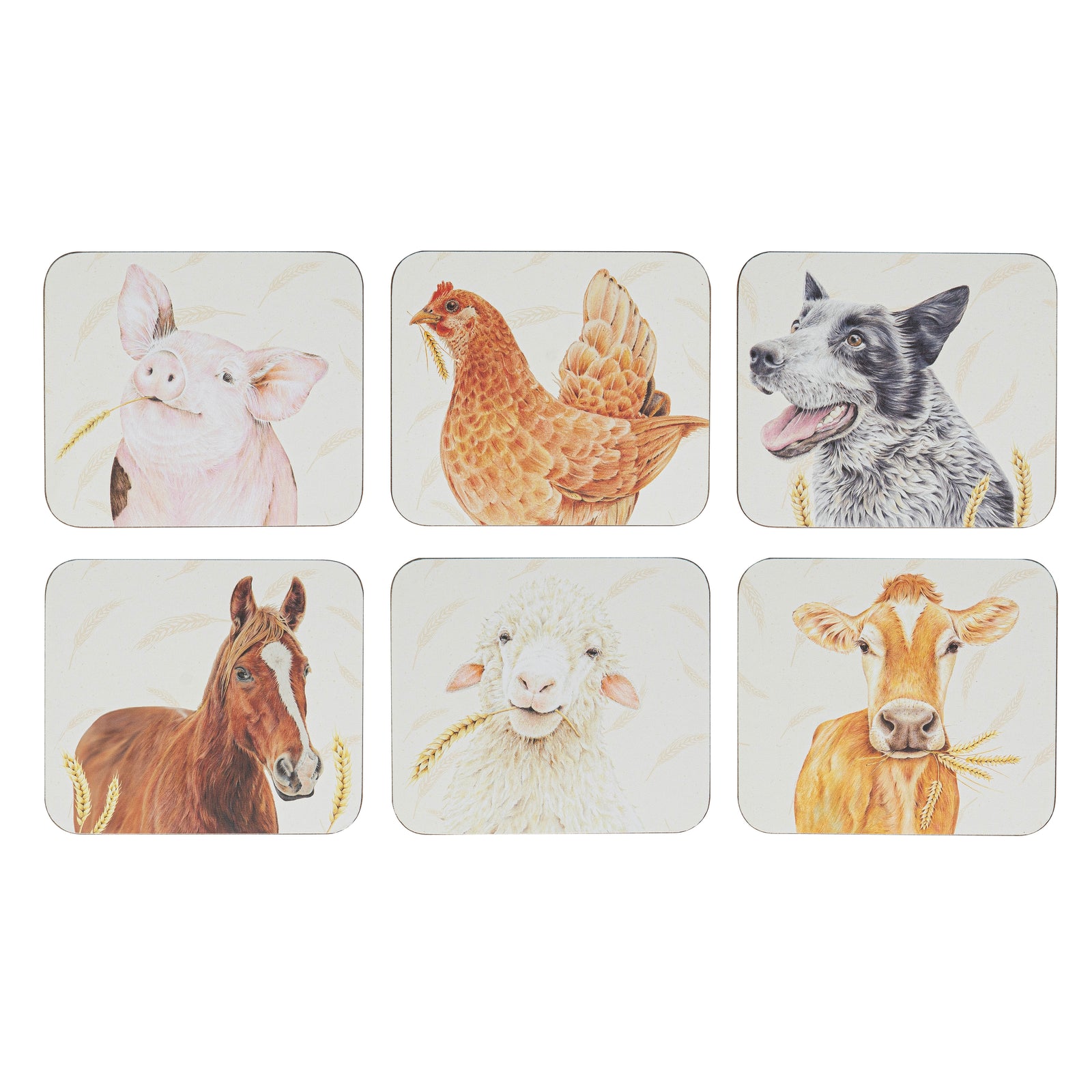 Set of six coasters with illustrations of farm animals on a white background