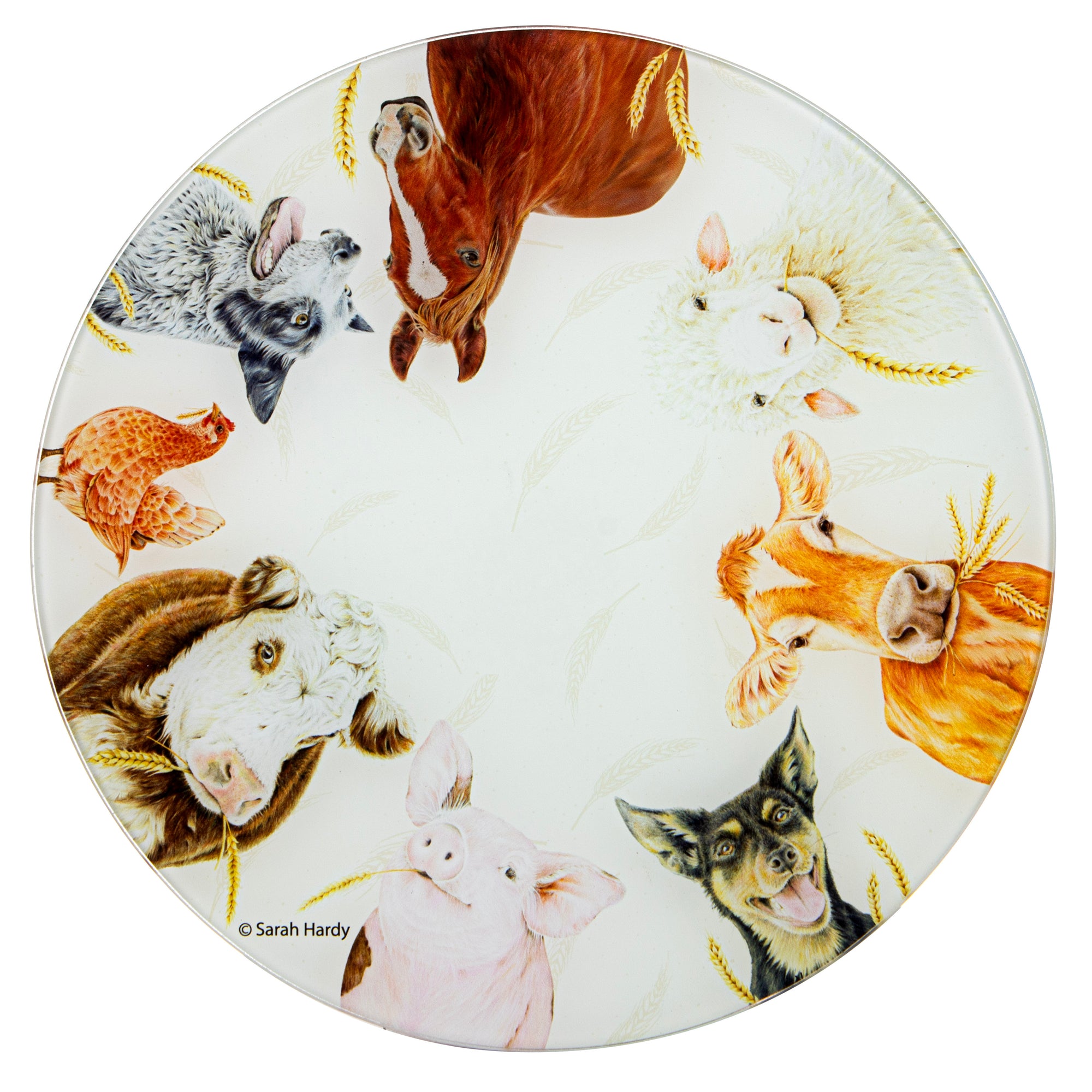 Ashdene Farmyard Faces 2 Round Surface Protector. Round plate with illustrations of various farm animals on a white background