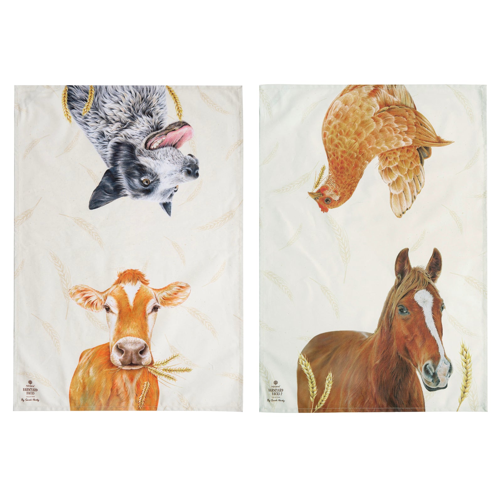 Ashdene Farmyard Faces 2 2pk Kitchen Towel. Two tea towels with animal illustrations on a white background