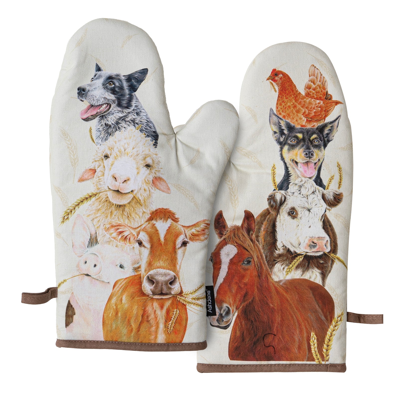 Ashdene Farmyard Faces 2 2pk Oven Mitt. Pair of oven mitts with farm animal designs on a white background