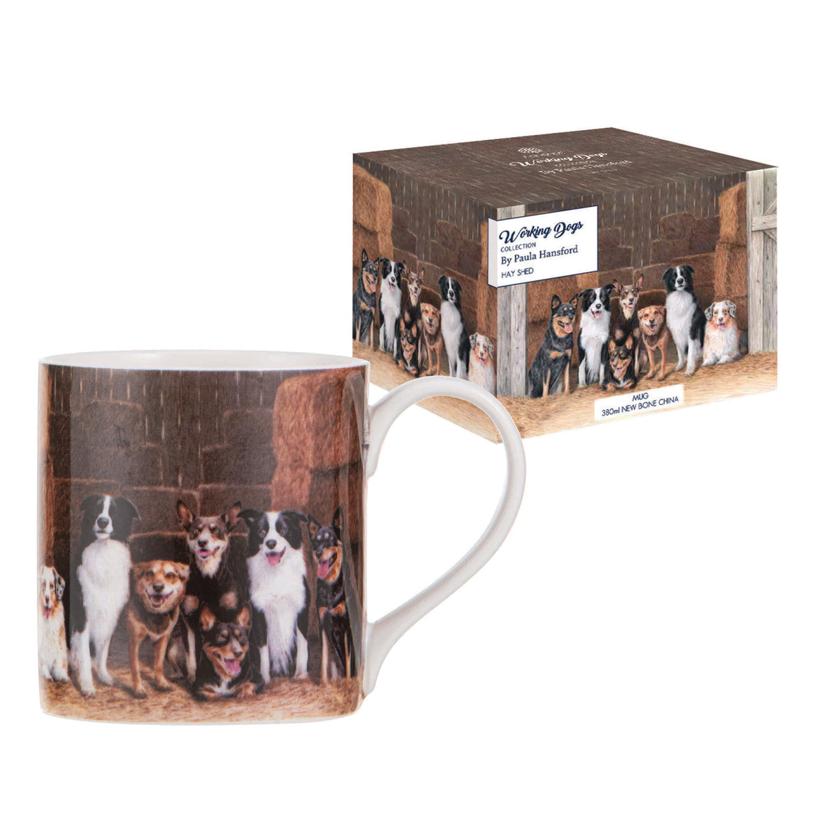Ashdene Working Dogs Hay Shed Mug. Mug with dog design and packaging in the background