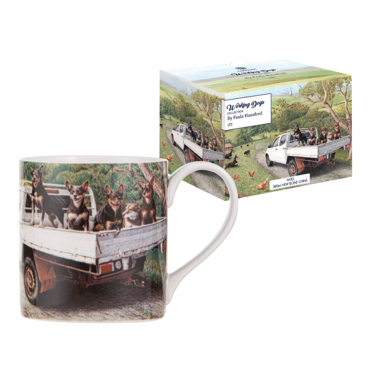 Ashdene Working Dogs Ute Mug. Mug with a design of dogs in a truck and packaging in the background