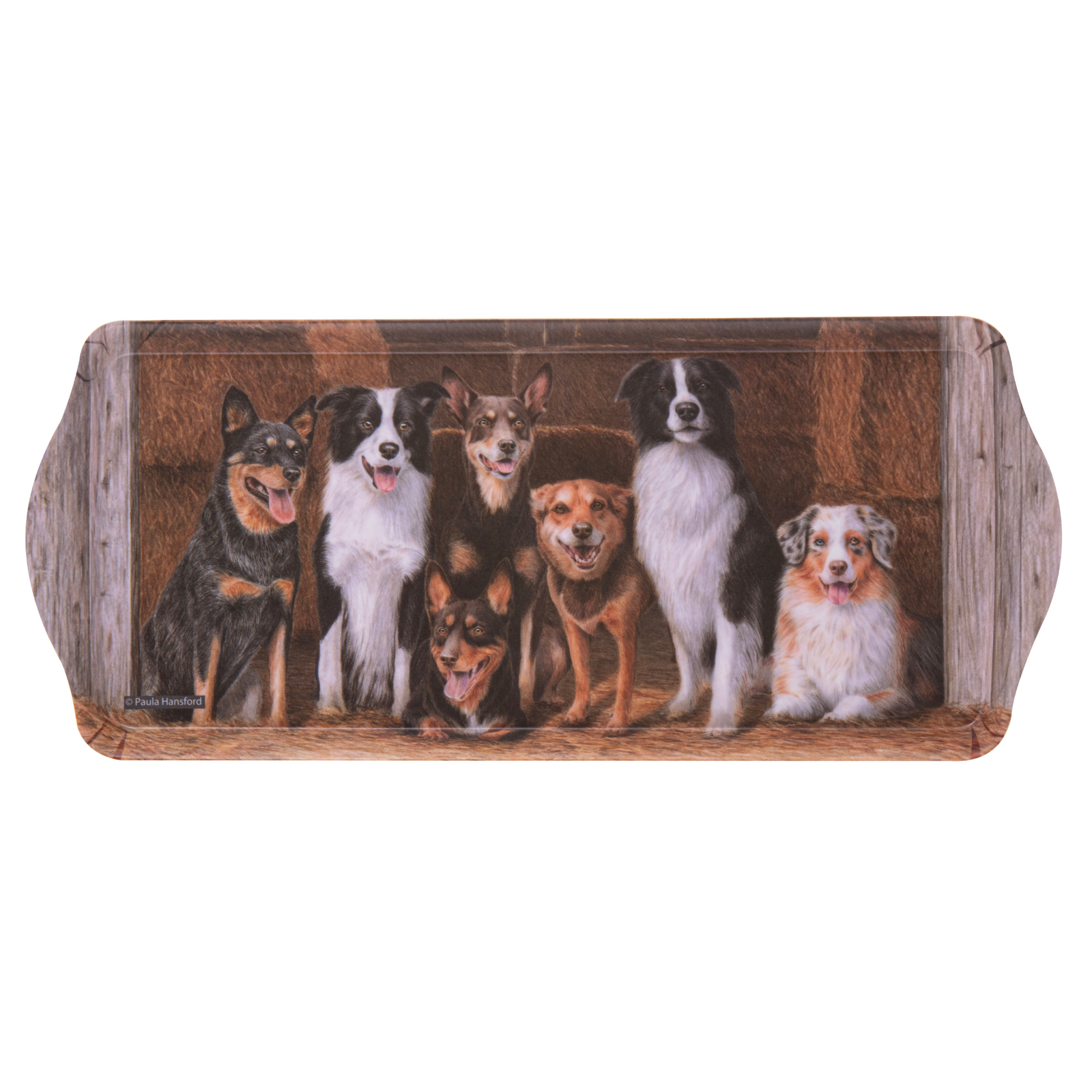 Ashdene Working Dogs Hay Shed Sandwich Tray. malamine tray with a design of six dogs on a white background