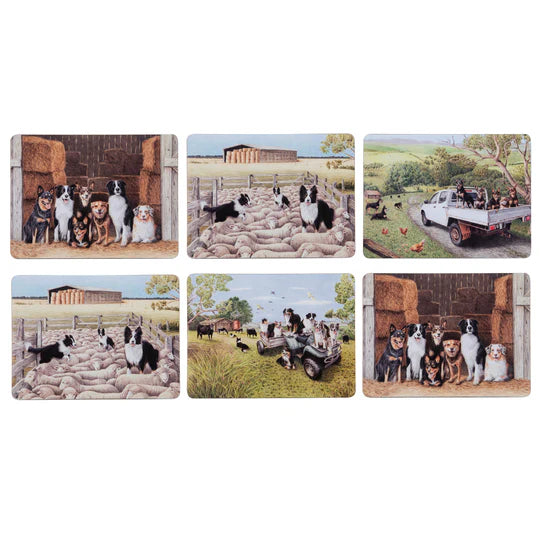 Ashdene Working Dogs Placemats. Set of six coasters with images of dogs on a farm