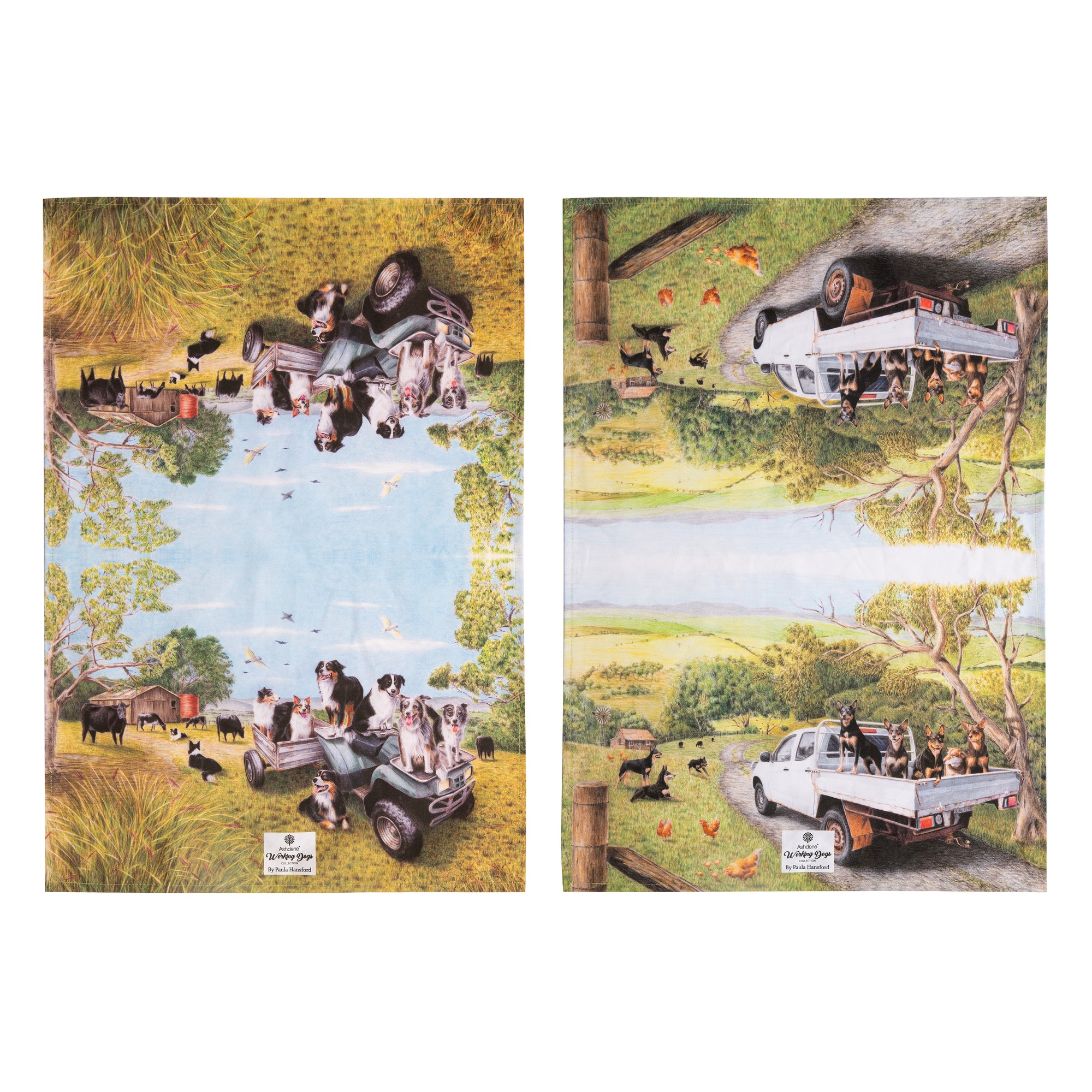 Ashdene Working Dog Vehicle 2pk Kitchen Towel. Two panels of a vintage-style advertisement featuring a truck and people in an outdoor setting.