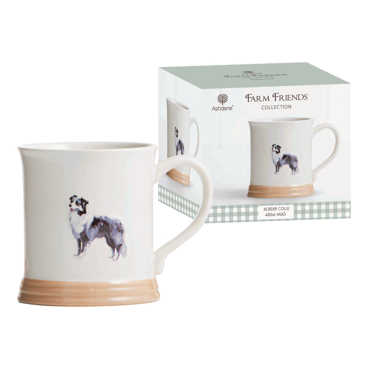 Ashdene Farm Friends Border Collie Mug. Mug with a dog design and packaging labeled &#39;Farm Friends Collection&#39; on a white background