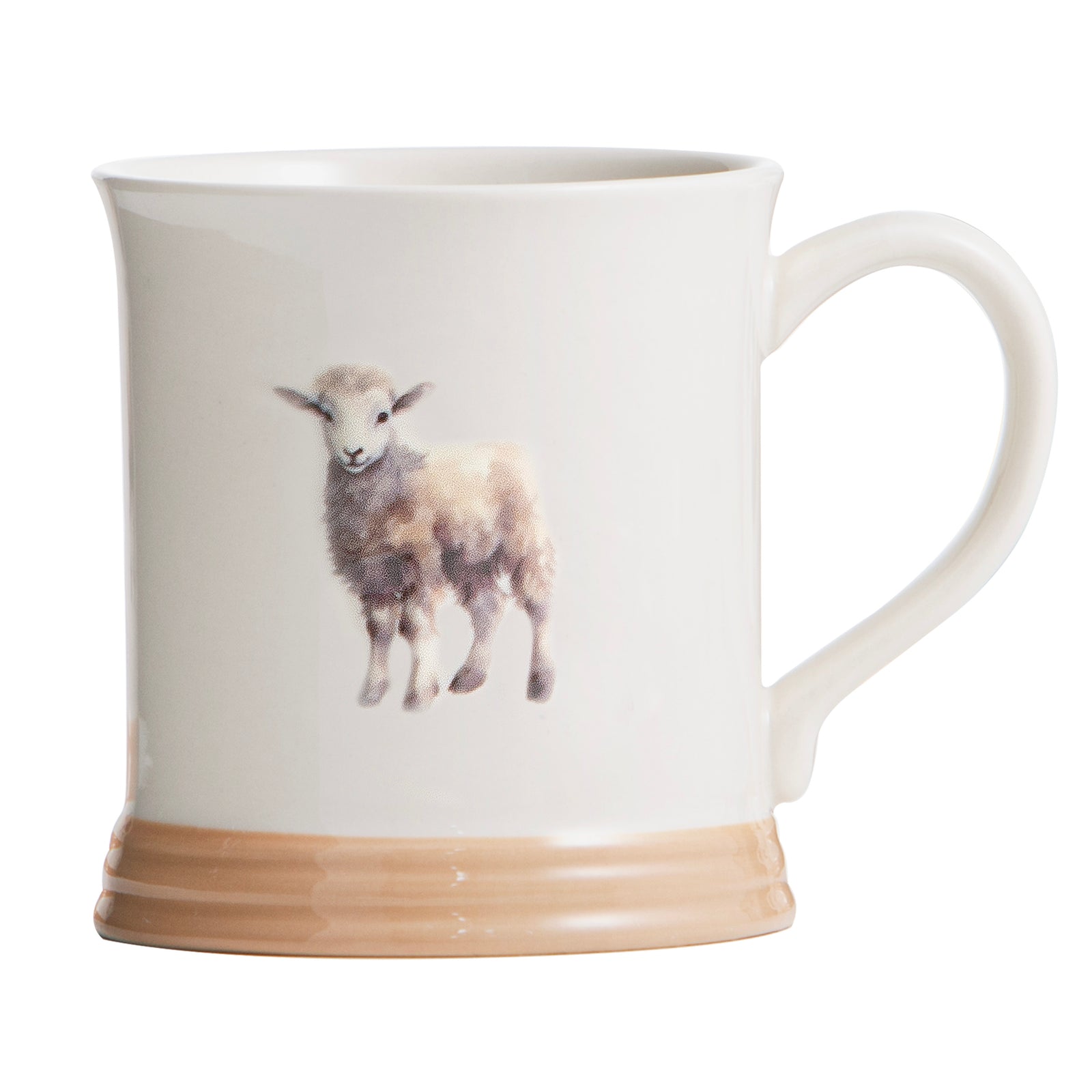Ashdene Farm Friends Lamb Mug. White mug with a brown base featuring an illustration of a lamb on a white background