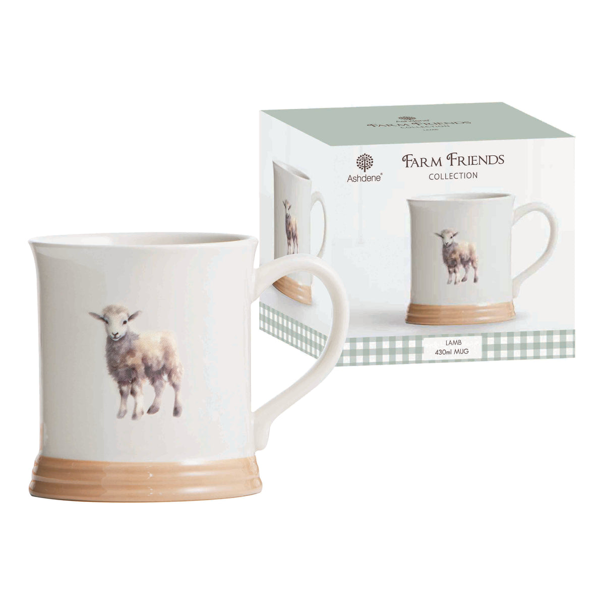 Ashdene Farm Friends Lamb Mug. Mug with sheep design and matching box from Farm Friends collection on a white background