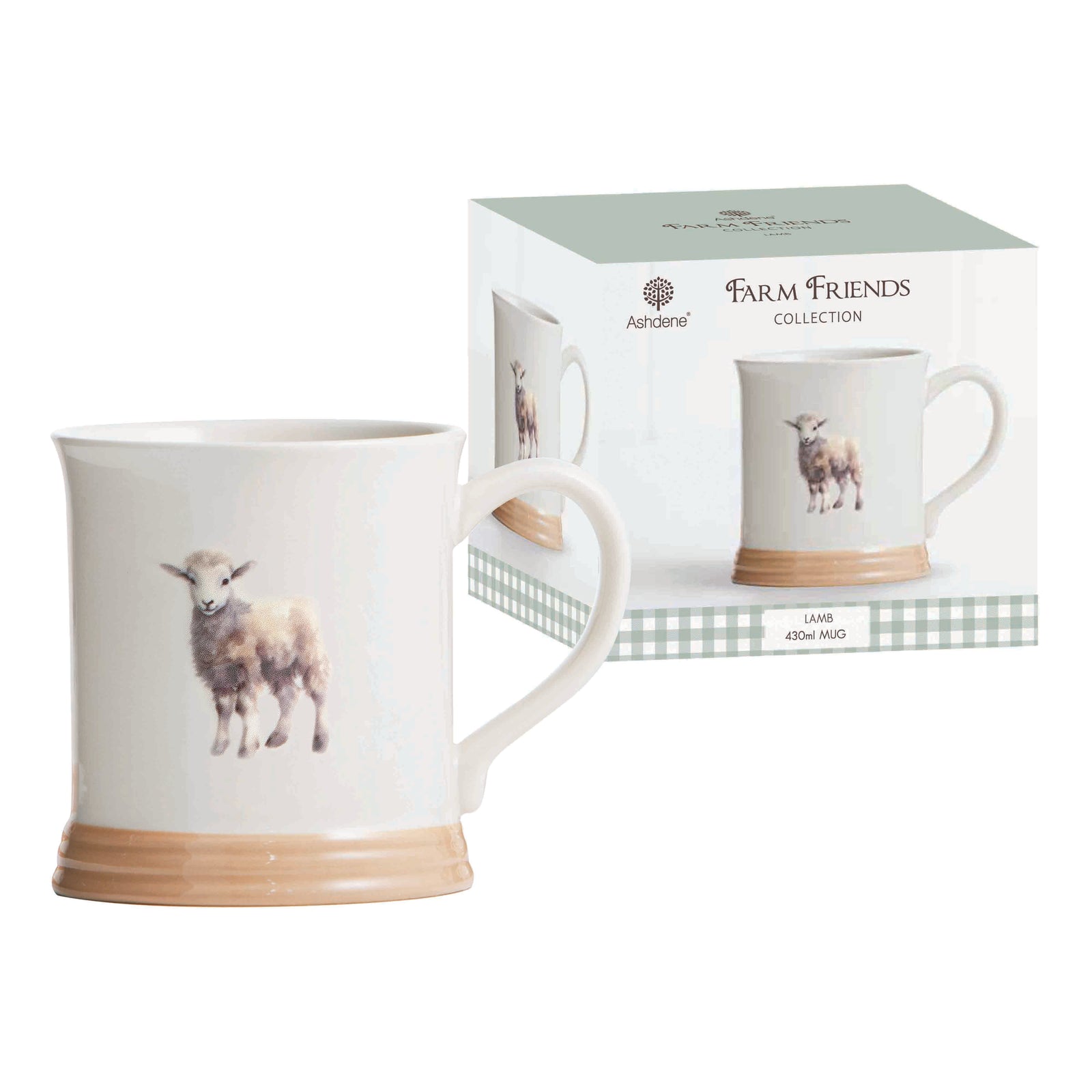 Ashdene Farm Friends Lamb Mug. White mug with a brown base featuring an illustration of a lamb on a white background
