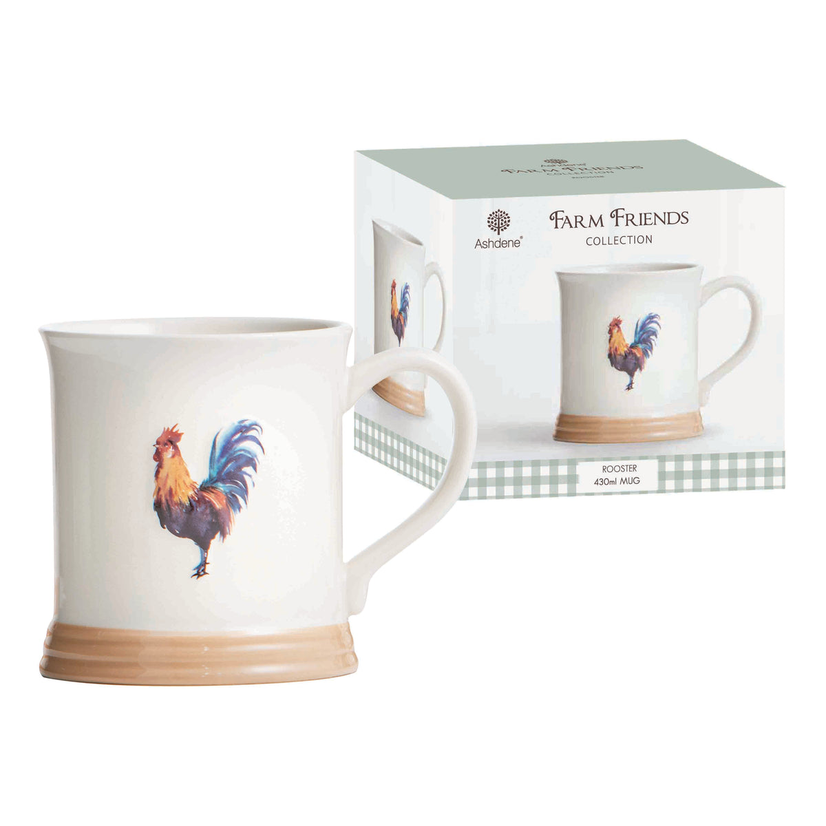 Ashdene Farm Friends Rooster Mug. Mug with rooster design and packaging labeled 'Farm Friends Collection' on a white background