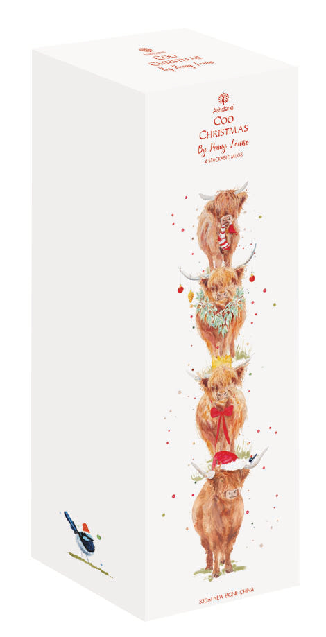 Ashdene Coo Christmas Stackable 4pk Mug. Stack of four mugs with highland cow illustrations on a white background