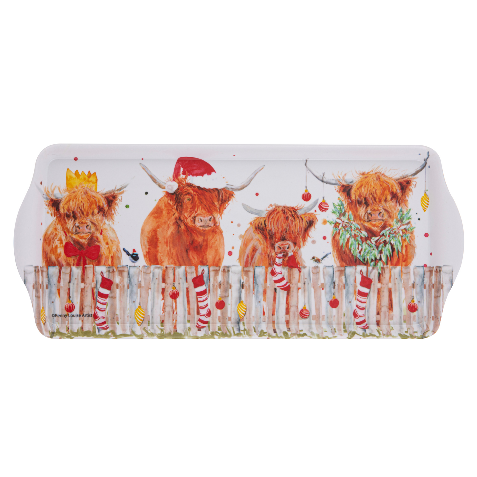 Ashdene Coo Christmas Sandwich Tray. Rectangular tray with decorative design of Highland cows wearing festive attire on a white background