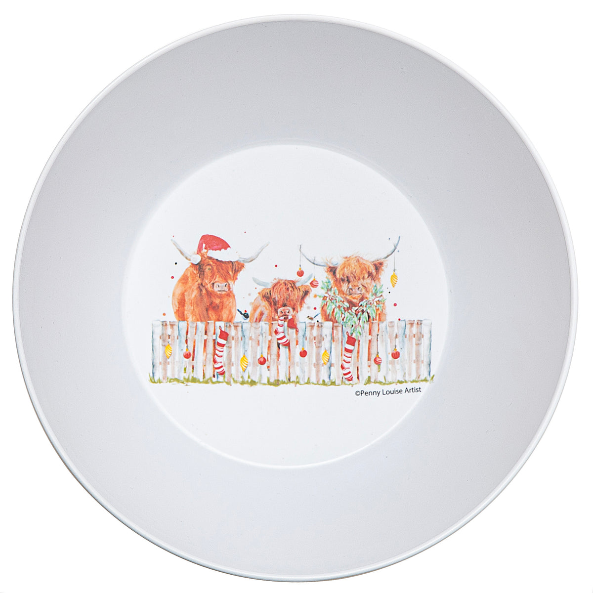 Ashdene Coo Christmas Large Melamine Salad/Chip Bowl. White plate with a decorative design of three cartoon bulls wearing Christmas hats and tinsel on a white background.