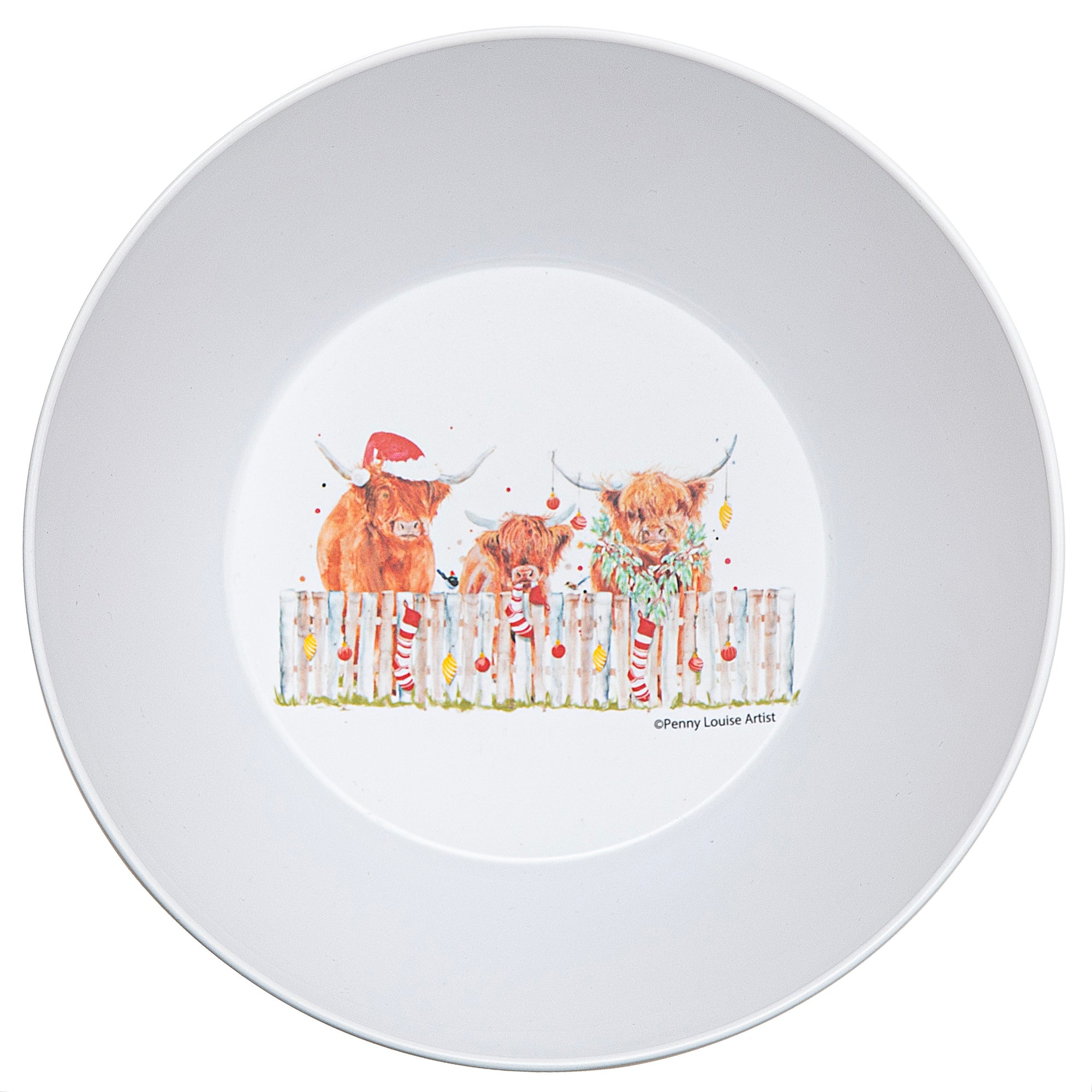 Ashdene Coo Christmas Large Melamine Salad/Chip Bowl. Ceramic bowl with highland cow design on a white background