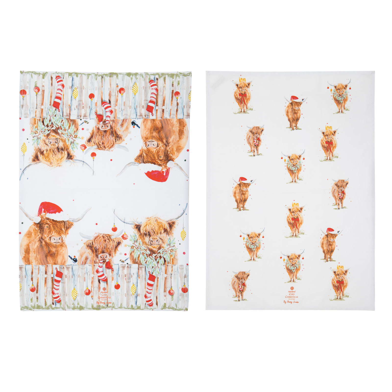 Ashdene Coo Christmas 2pk Kitchen Towel. Two sheets of paper with Christmas-themed designs featuring Highland cows and Santa hats on a white background.