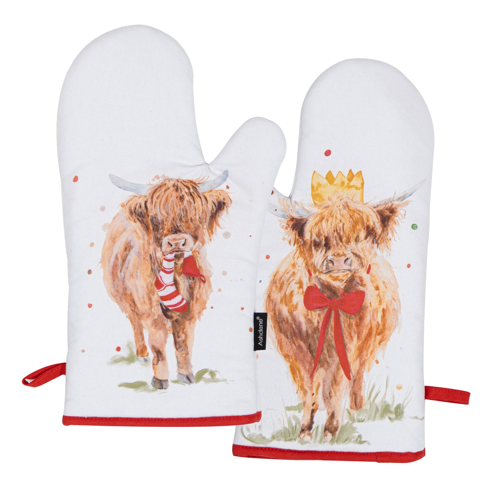 Ashdene Coo Christmas 2pk Oven Mitt. Pair of oven mitts with highland cow designs on a white background