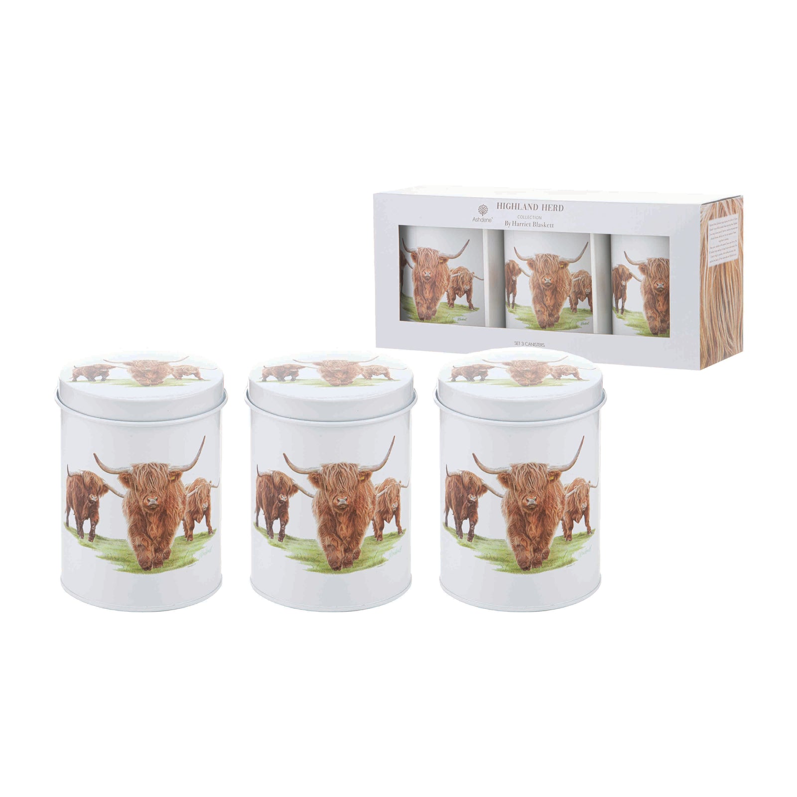 Ashdene Highland Herd 3pk Canister. Three white cylindrical containers with highland cow design on a white background