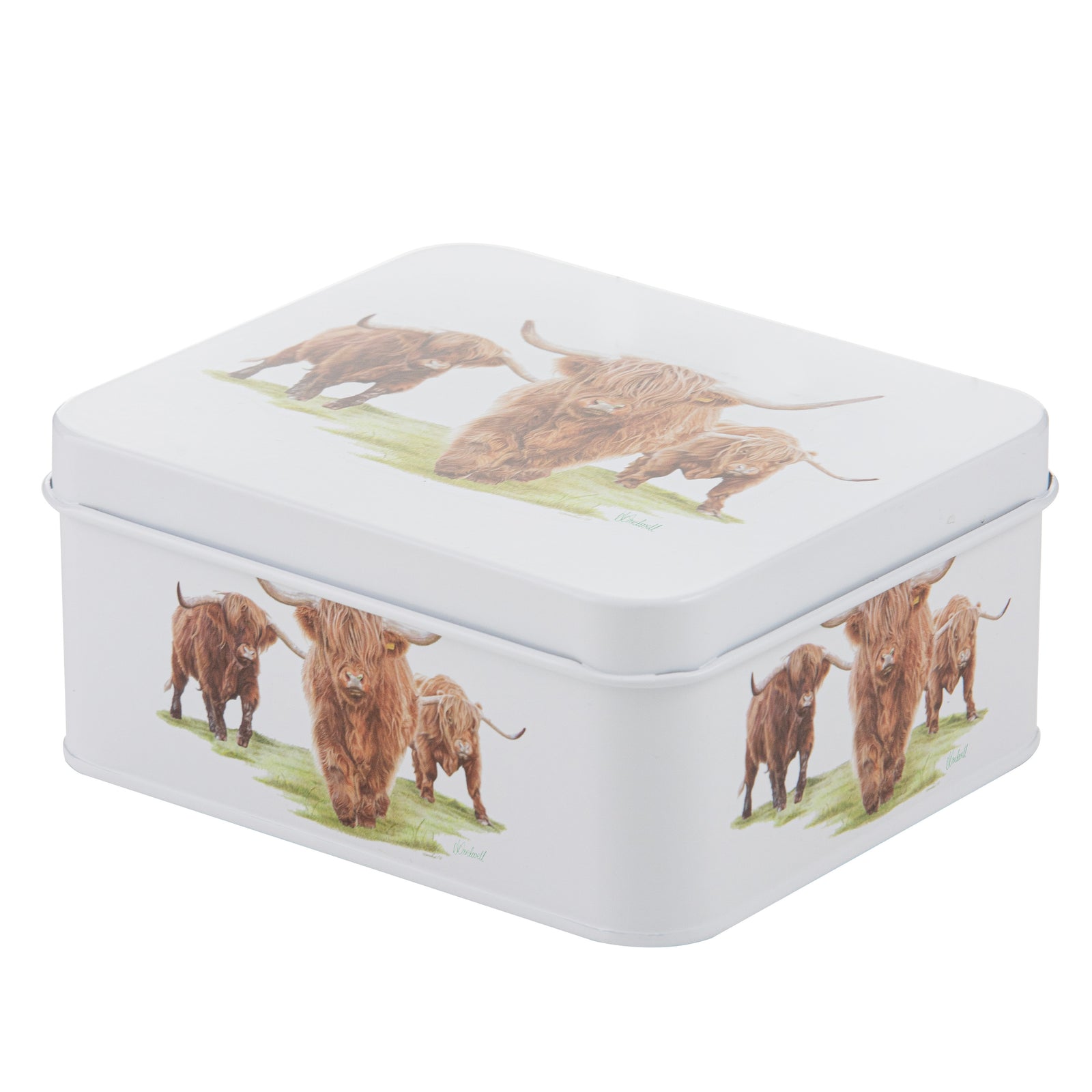Ashdene Highland Herd Biscuit Tin. Rectangular tin box with highland cow design on a white background