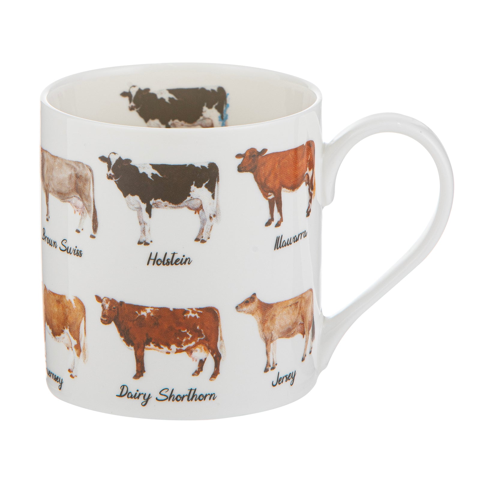 Mug with illustrations of different breeds of cows on a white background