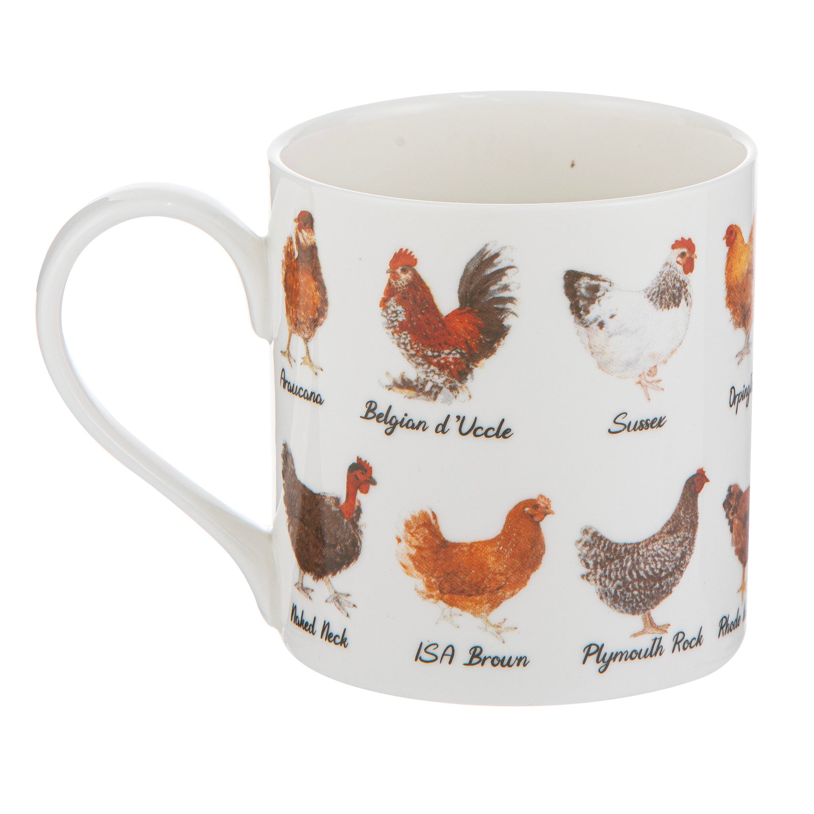 White mug with illustrations of various chicken breeds on a white background
