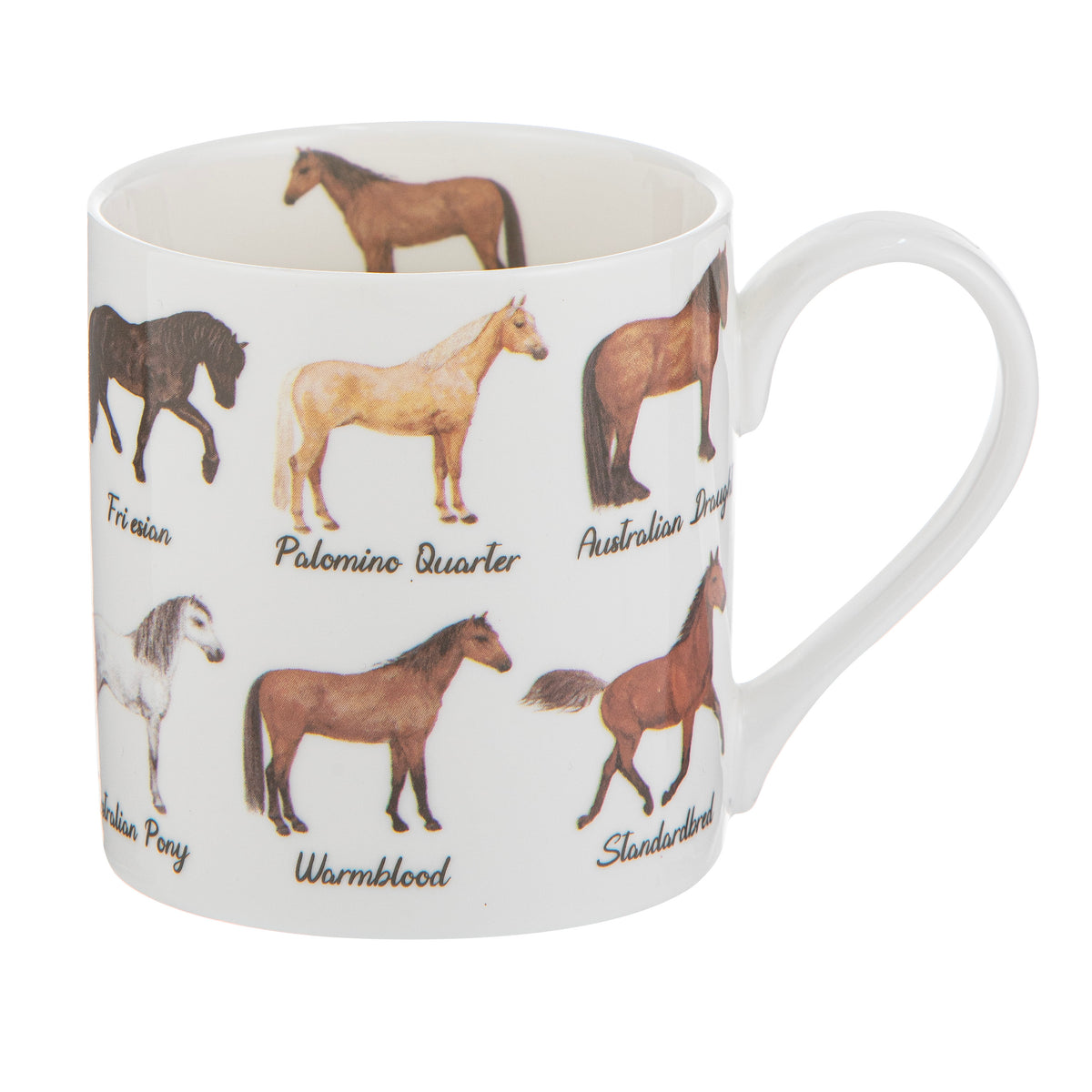 White mug with horse illustrations and names on a white background