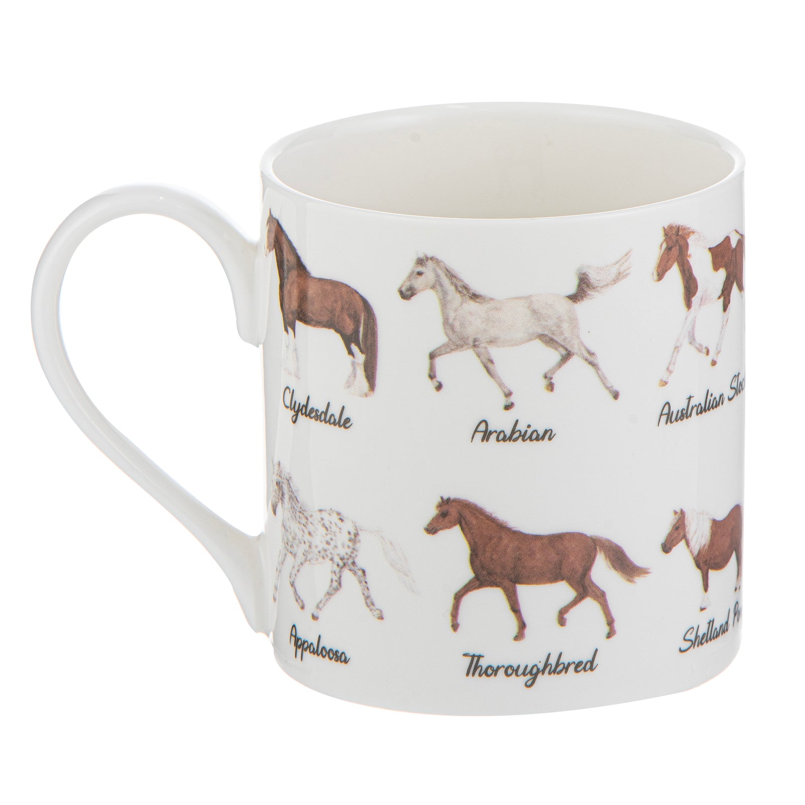 Mug with horse illustrations and names on a white background