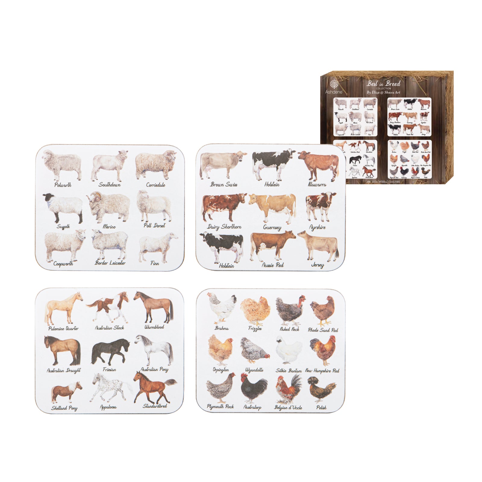 Set of animal coasters with various breeds labeled on a white background
