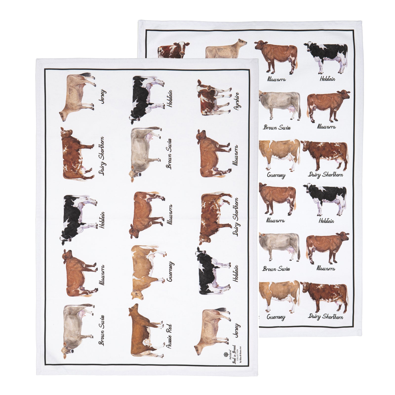 Two tea towels with illustrations of cows on a white background