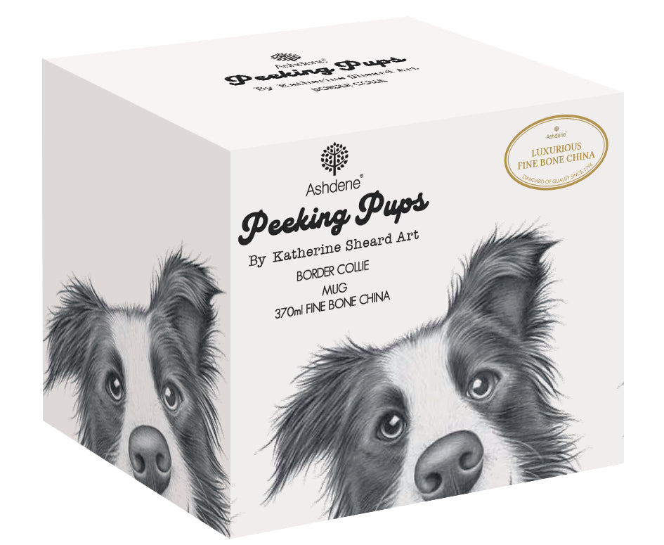 Mug with a black and white dog illustration on a white background