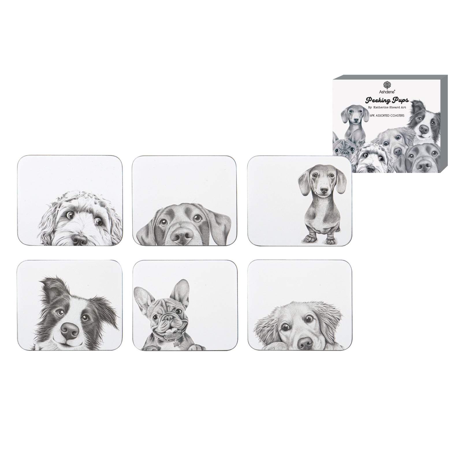 Set of six black and white dog illustration coasters with a box of additional coasters in the background.