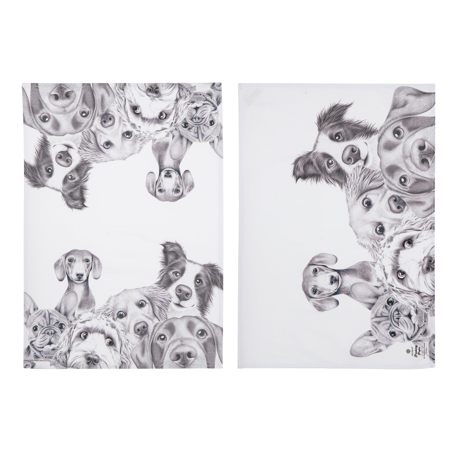 Two black and white illustrations of dogs on a white background