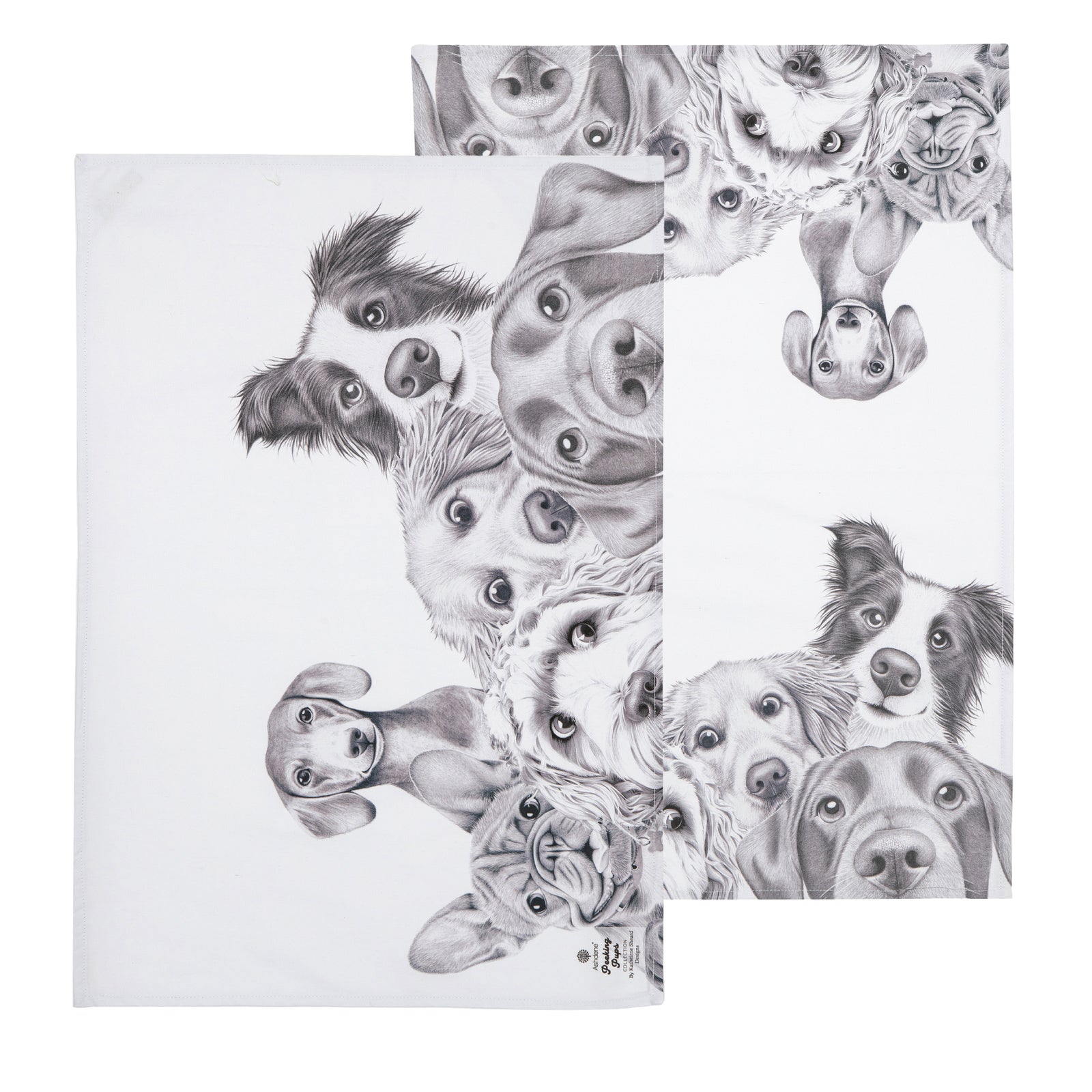 Two black and white illustrations of dogs on a white background