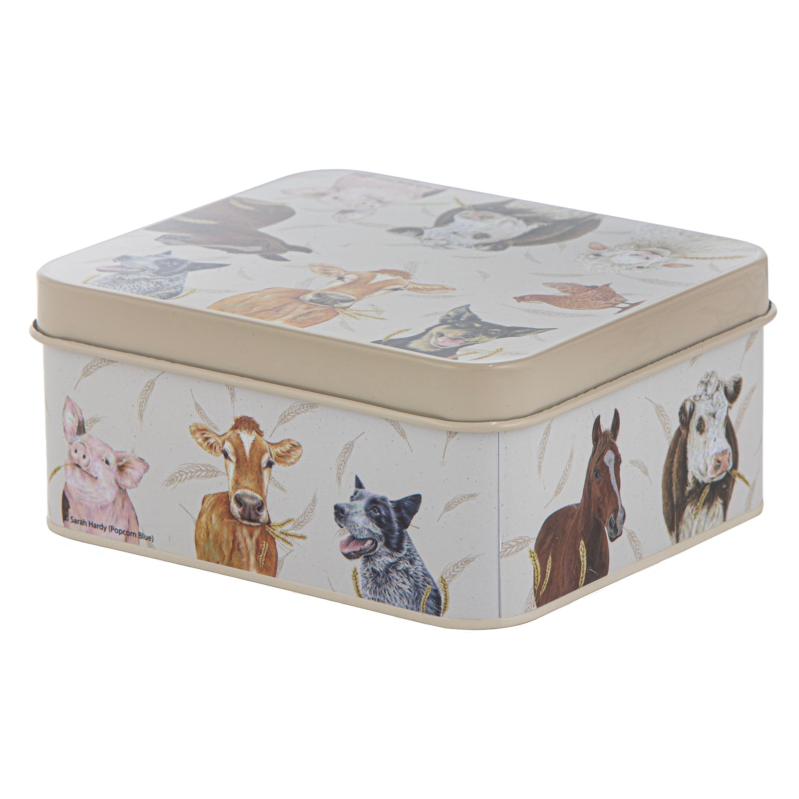 Rectangular tin box with farm animal illustrations on a white background