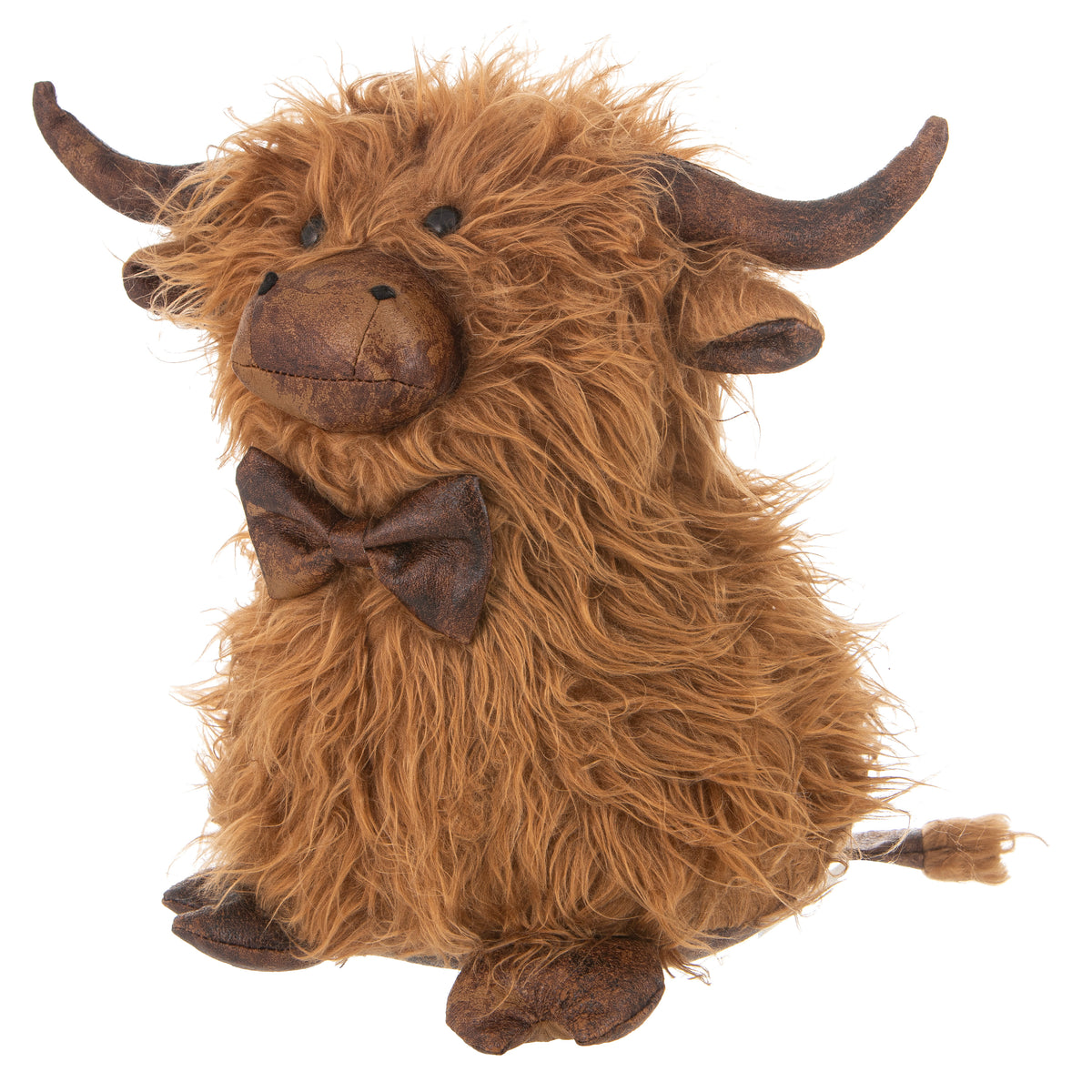 Plush toy of a brown yak with a bow tie on a white background