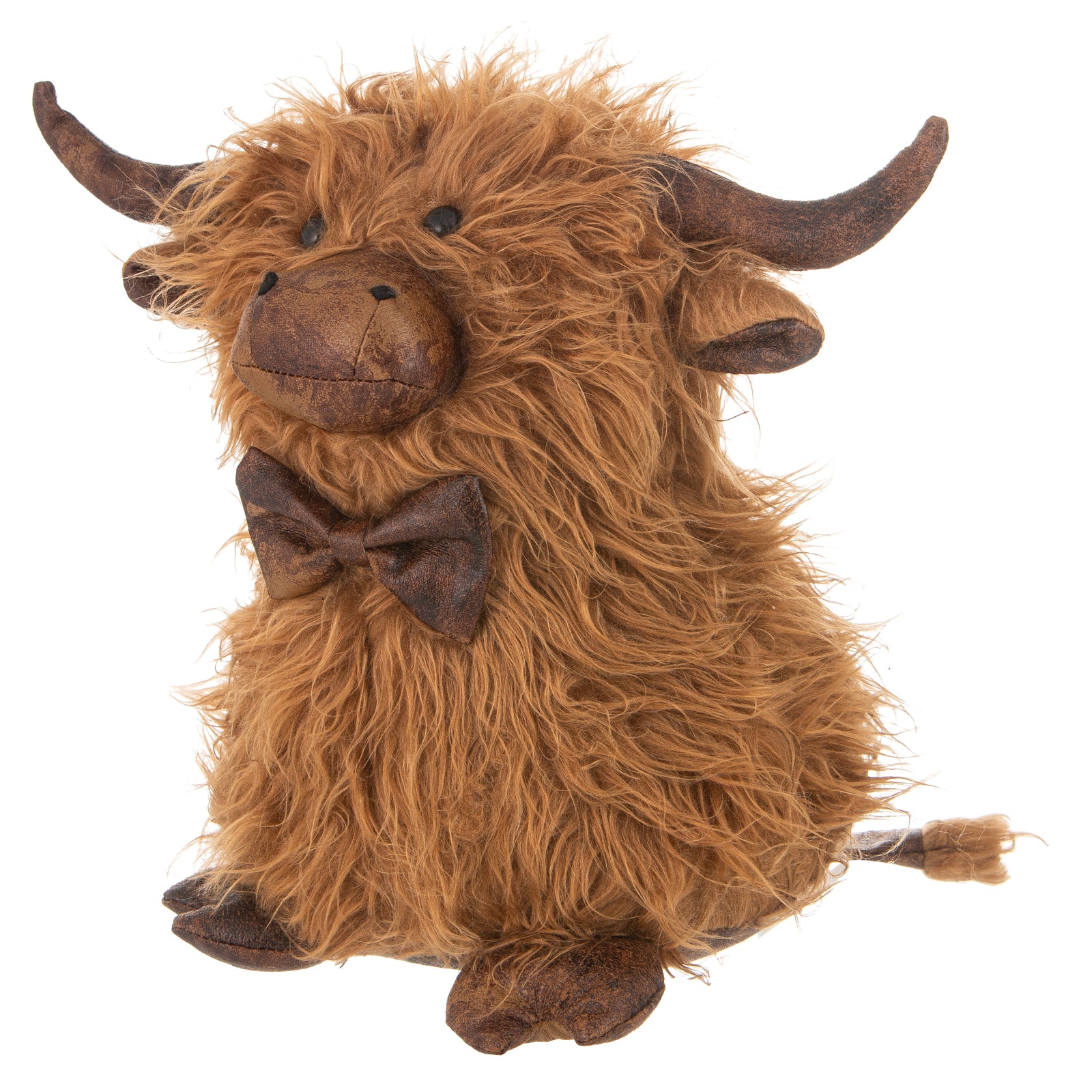 Plush toy of a brown yak with a bow tie on a white background
