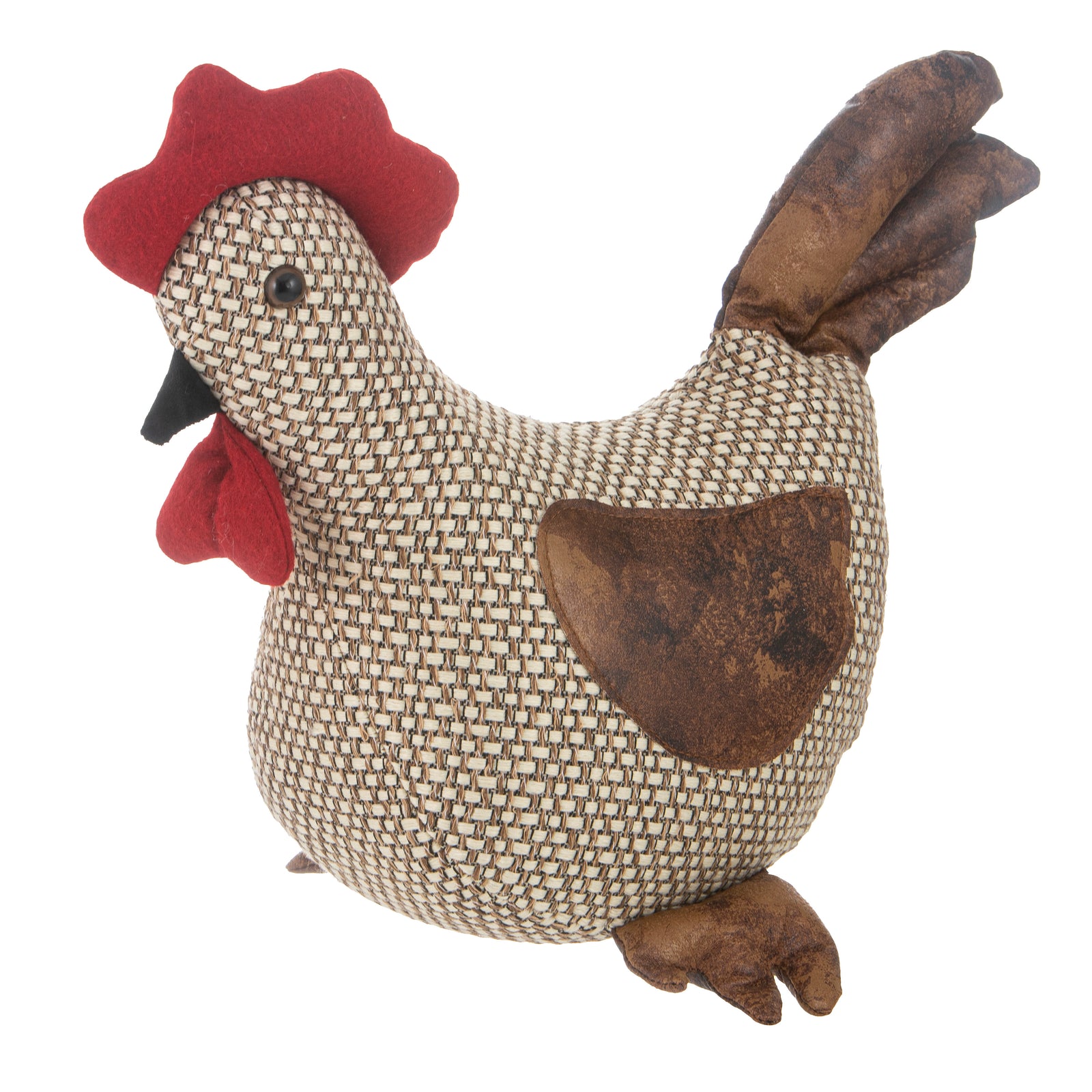 Textured rooster figurine with red comb on a white background