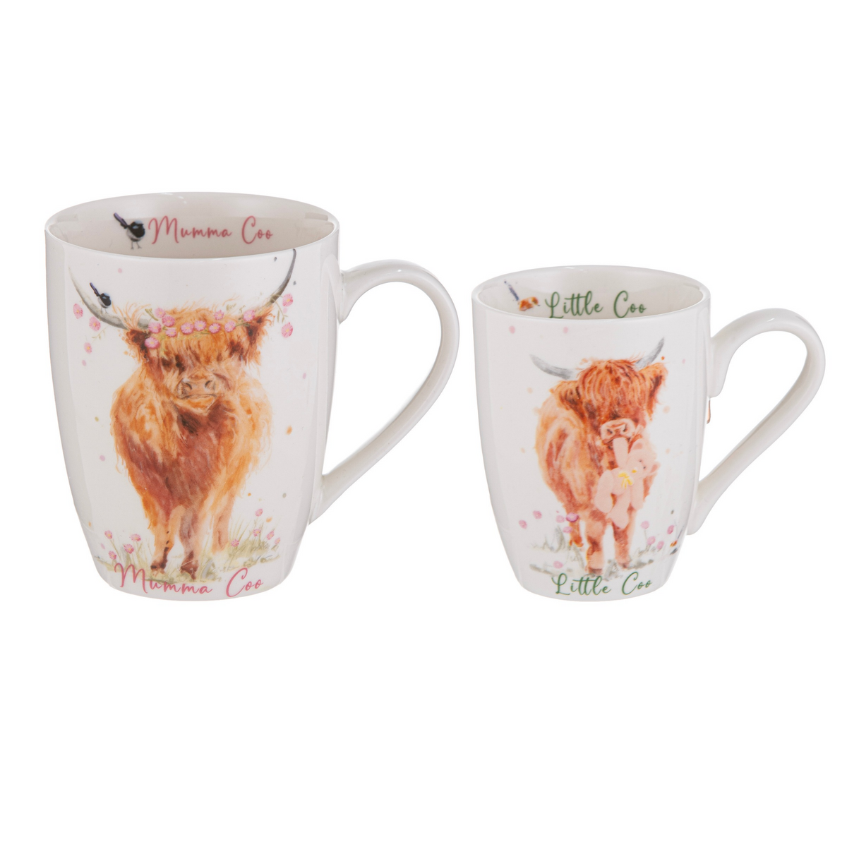 Two white ceramic mugs with watercolor illustrations of Highland cows, labeled 'Mumma Cow' and 'Little Cow', shown on a plain white background.