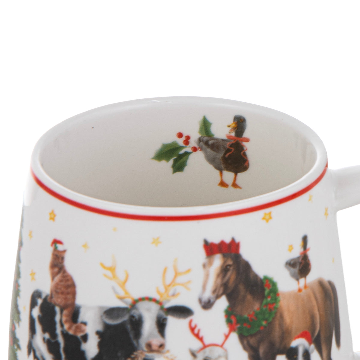 A white ceramic mug with a festive Christmas design featuring a duck, cow, horse, cat, and birds with holiday accessories, shown against a white background.