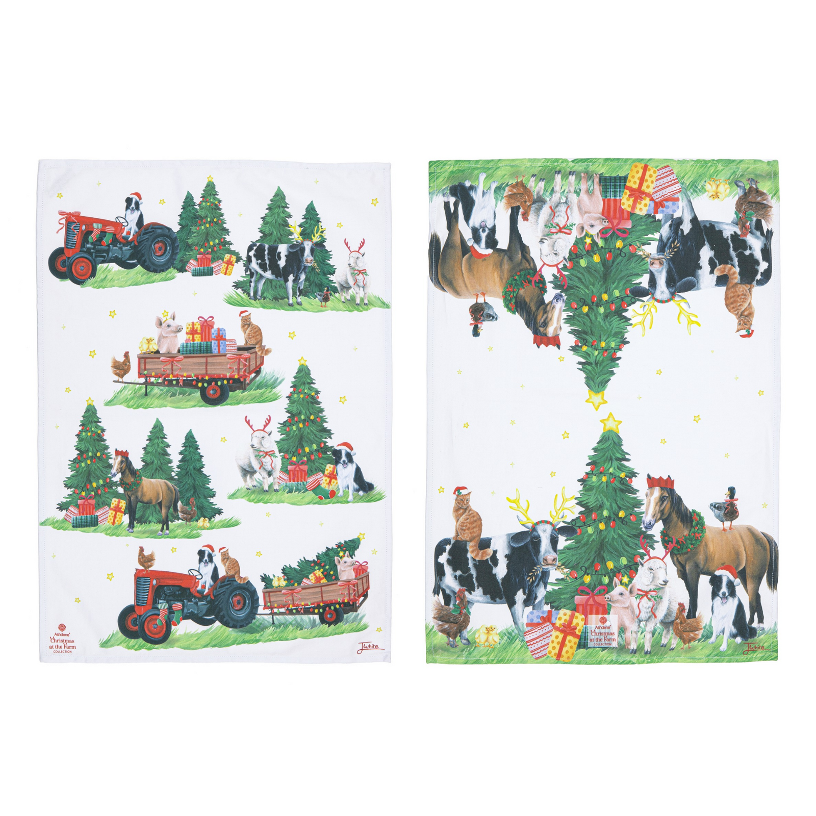 Two white kitchen towels with colorful Christmas farm illustrations, shown side by side on a white background. The left towel features a tractor, cart, and holiday trees with small animals.
