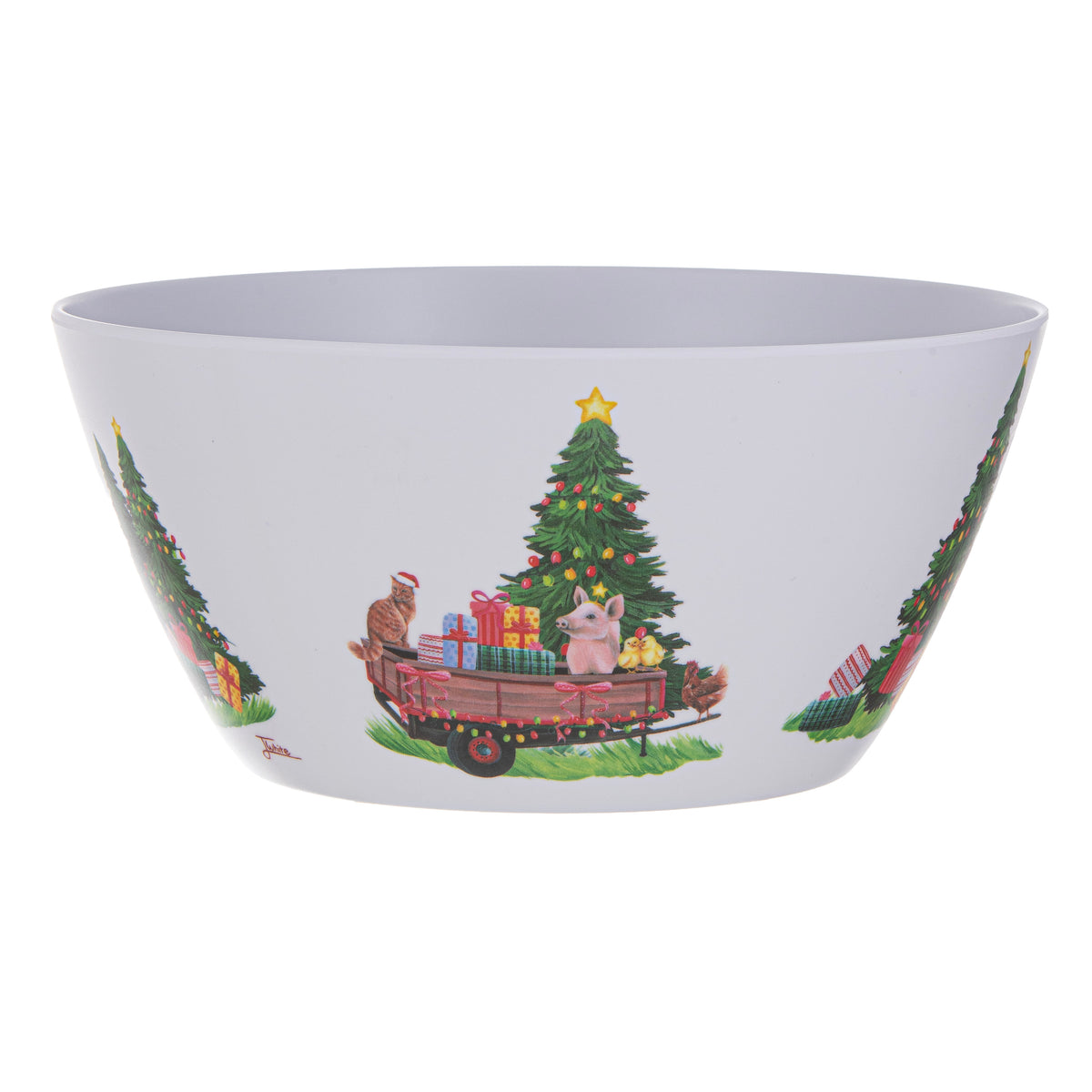 A white ceramic bowl decorated with a Christmas-themed illustration featuring a tree, gifts, a wagon, and rabbits, shown against a plain white background.