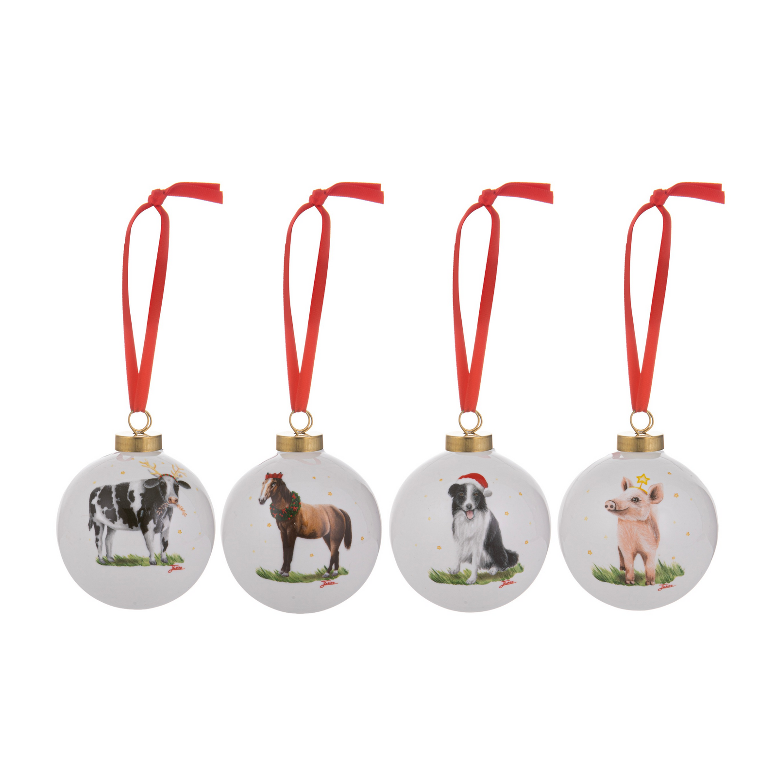 Four round white Christmas ornaments hanging from red ribbons, each featuring a different farm animal illustration: a black-and-white cow, a brown horse, a black-and-white dog in a Santa hat, and a pink pig wearing a yellow hat.