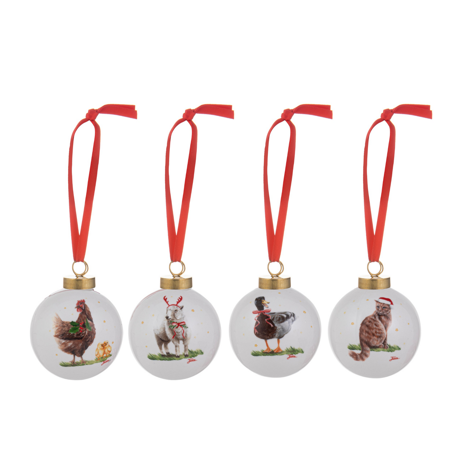 Four round glass Christmas ornaments hanging side by side, each featuring a different bird illustration inside: a rooster, a goose with reindeer antlers, a duck, and a cat wearing a Santa hat. Each ornament has a red hanging ribbon and a gold cap.