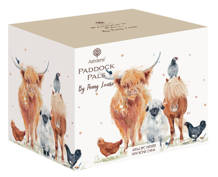 Ashdene Paddock Pals By Penny Louise 450ml tin packaging, featuring a whimsical watercolor illustration of Highland cows, sheep, chickens, and a horse on a white box with a beige top lid.