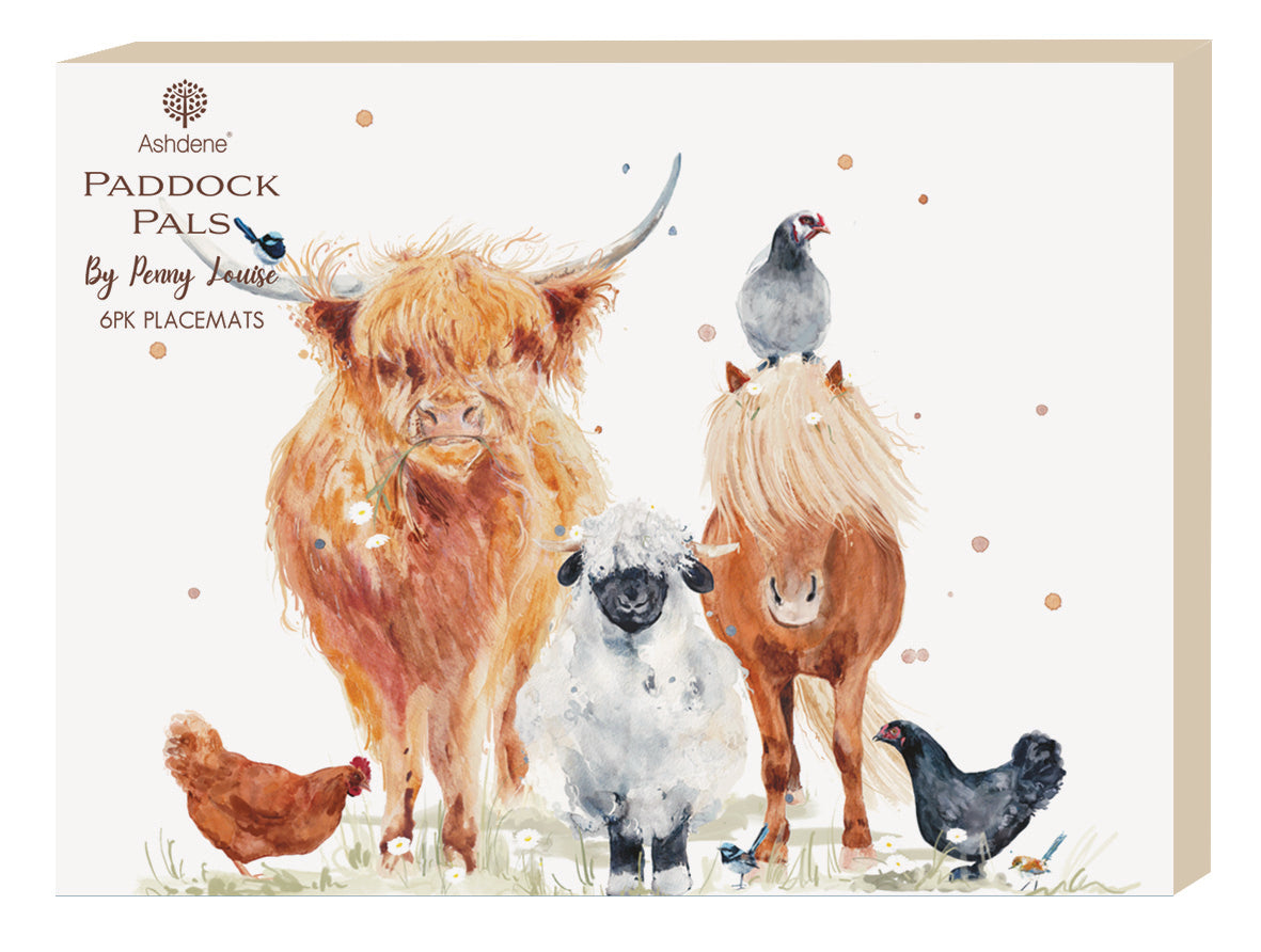 Six rectangular coasters arranged in a 2x3 grid on a white background. Each coaster features a watercolor-style illustration of Highland cows, sheep, chickens, and a small bird on a white surface.