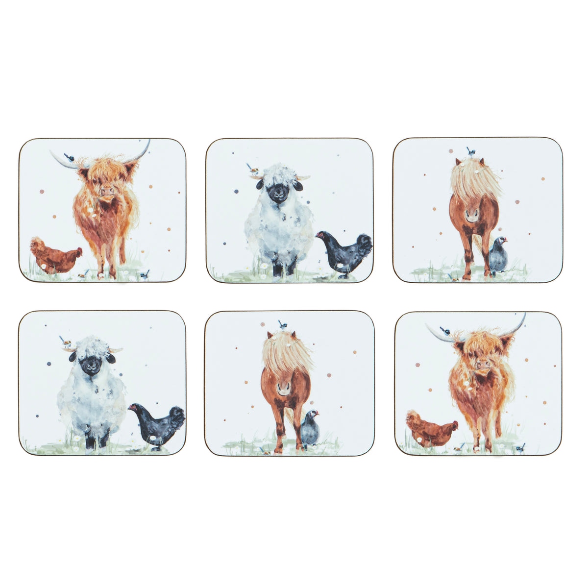 Six square coasters arranged in a 2x3 grid on a white background, each printed with a watercolor-style farm scene featuring a Highland cow, sheep, chicken, or horse.