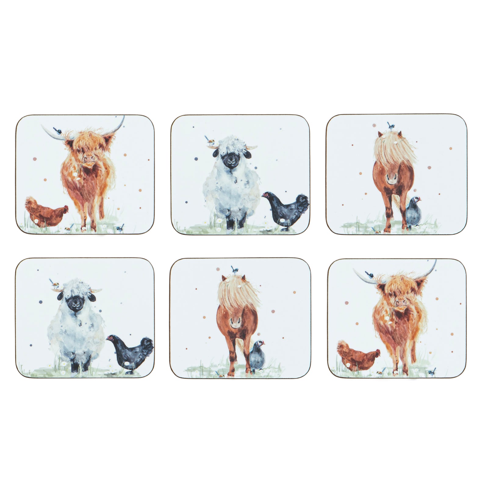 Six square coasters arranged in a 2x3 grid on a white background, each printed with a watercolor-style farm scene featuring a Highland cow, sheep, chicken, or horse.