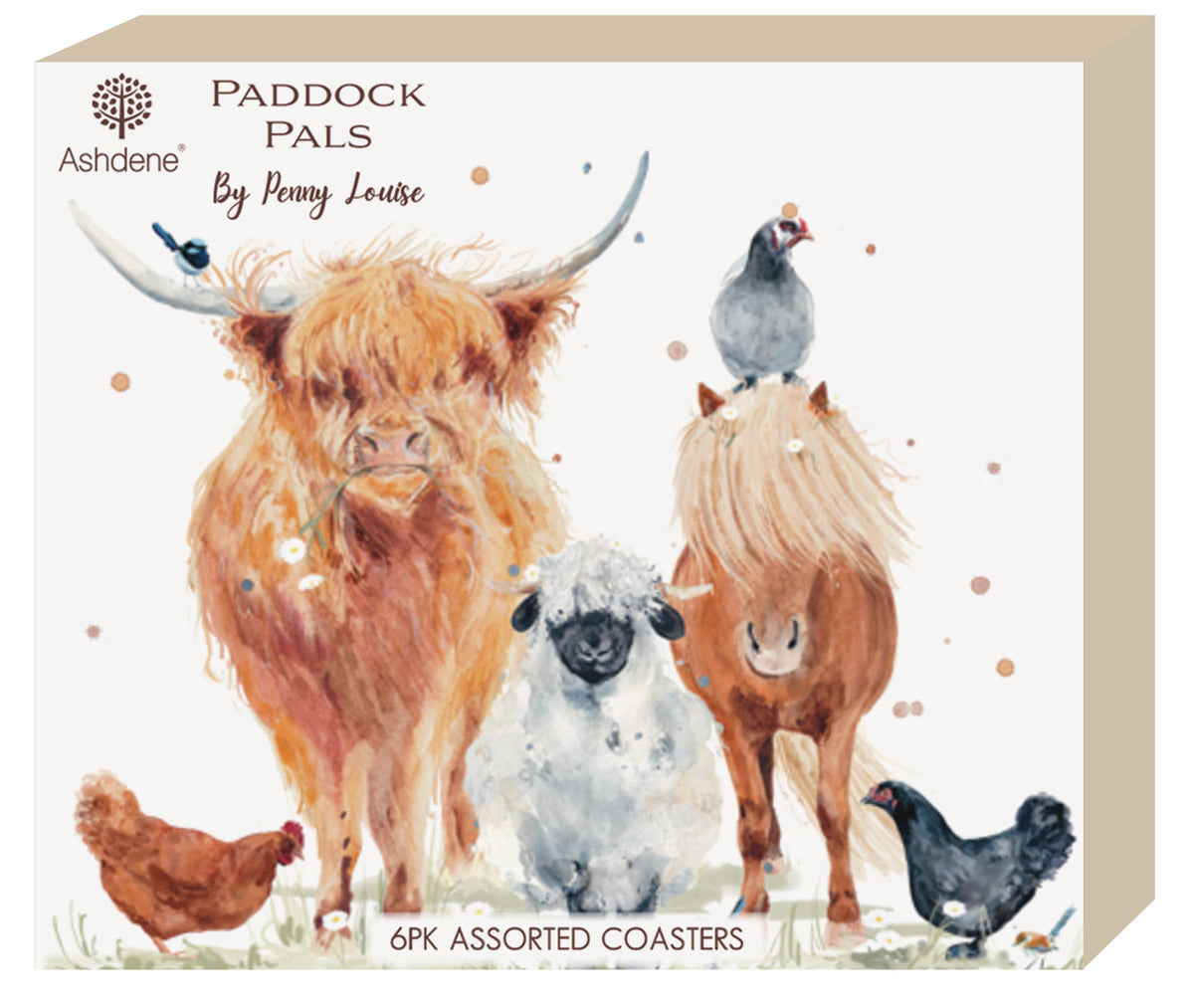 Ashdene Paddock Pals 'By Penny Louise' 6-pack assorted coasters in a square box, featuring watercolor illustrations of Highland cows, a sheep, horses, and chickens on a cream background.