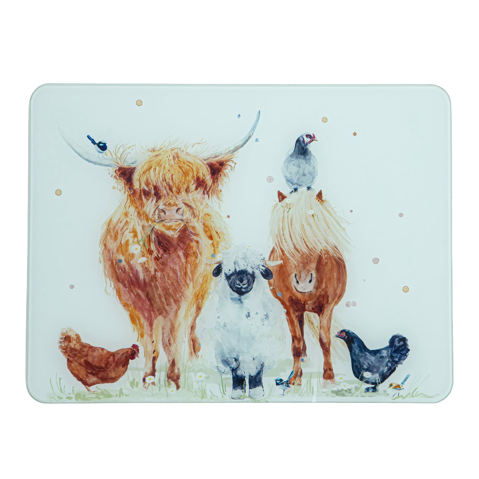 A square decorative plate or tray featuring a watercolor-style illustration of farm animals, including a Highland cow, sheep, horses, chickens, and a small bird, on a pale blue background.