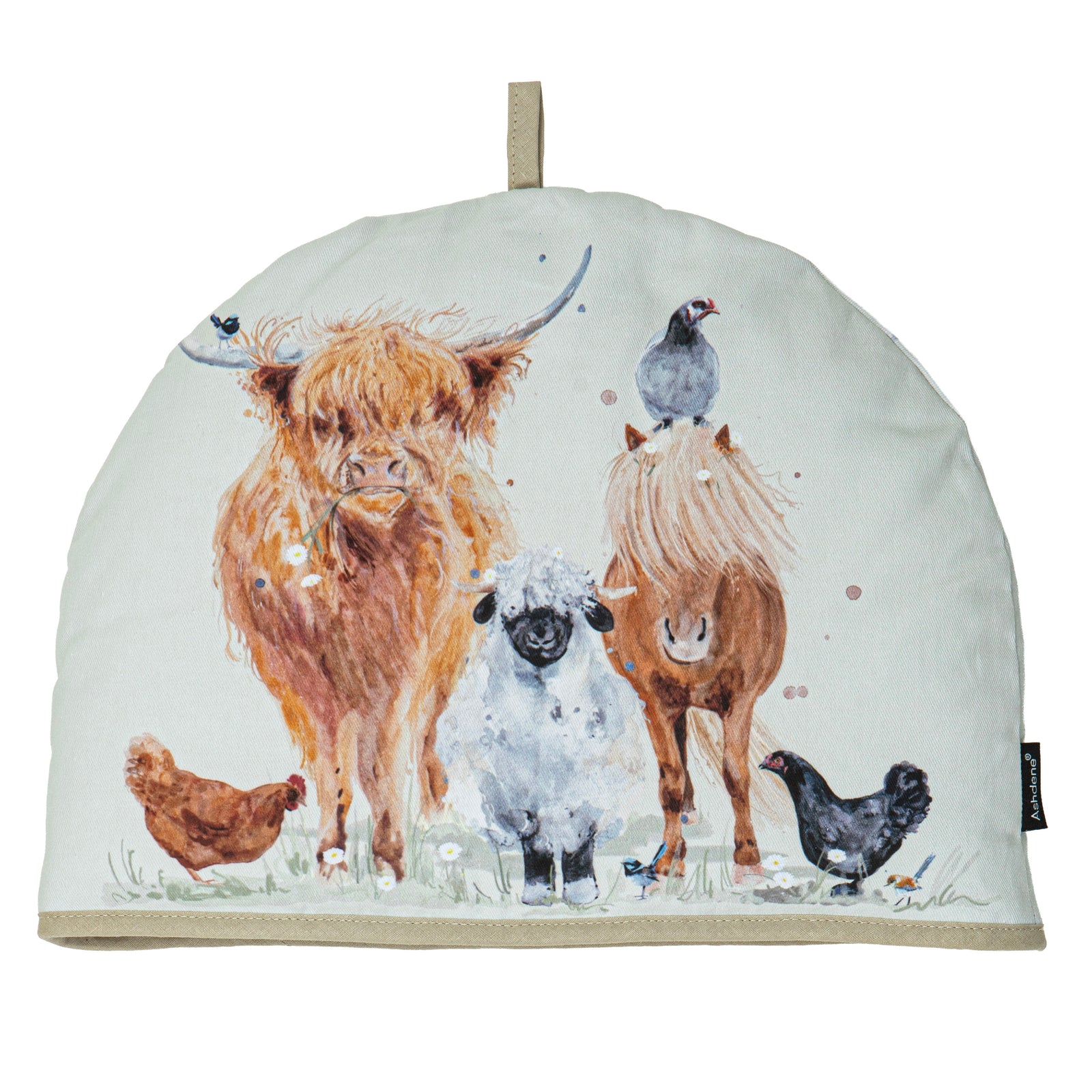 A round tea towel with a watercolor-style illustration of farm animals, including a Highland cow, sheep, horse, chickens, and a bird, on a light gray background.